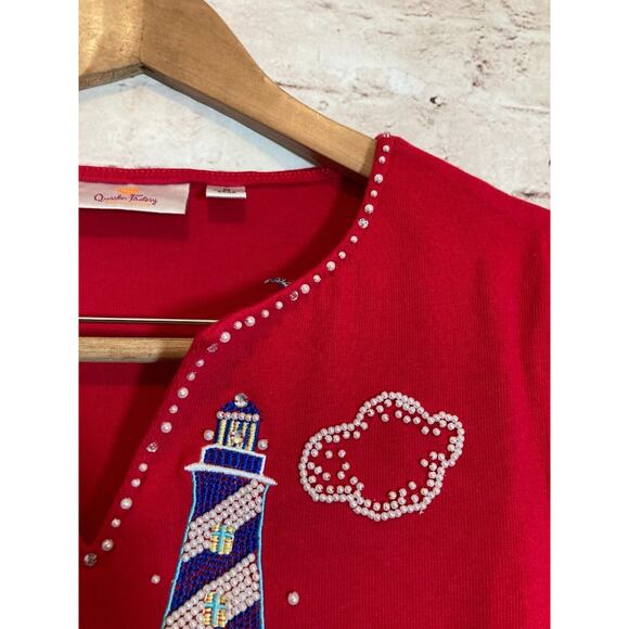Quacker Factory Top Womens Medium Tunic Red Nautical Beachy Beaded Embroidered - Picture 5 of 16